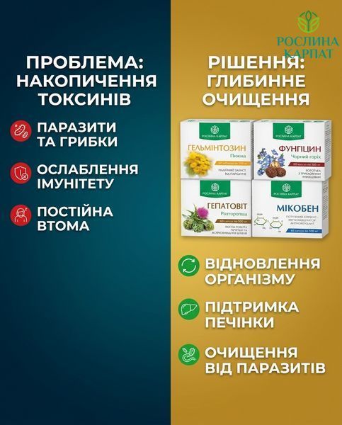 Комплексна програма очищення організму &ndash; Фунгіцин, Гепатовіт, Гельмінтозин, Мікобен Рослина Карпат 484755 484755111 фото