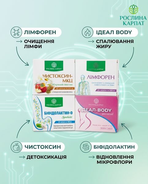 Комплексна програма схуднення 1 курс - Лімфорен, Ідеал, Чистоксин, Біфідолактин Рослина Карпат 485495 485495111 фото