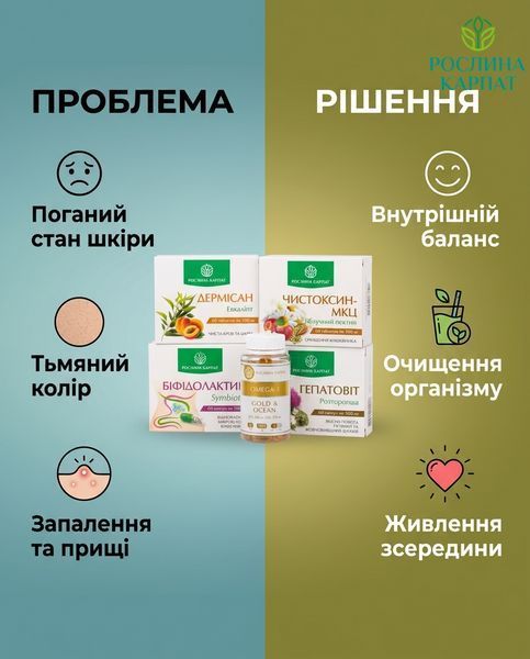 Чистота шкіри та природний баланс &ndash; Дермісан, Гепатовіт, Чистоксин, Біфідолактин, Омега 3 від Рослина Карпат 484786 484786111 фото