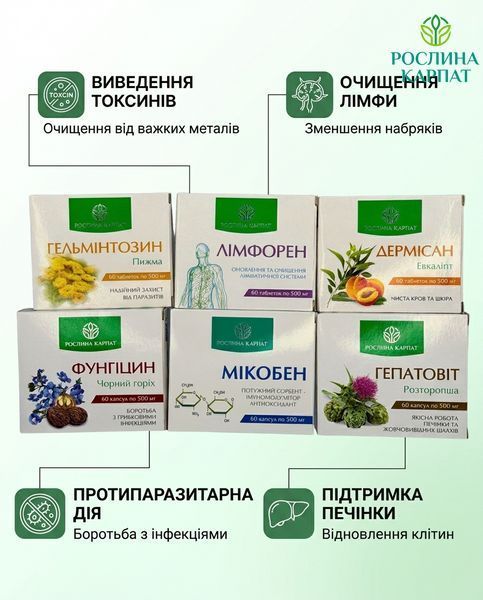 Програма комплексного очищення організму - Мікобен, Фунгіцин, Лімфорен, Гельмінтозин, Гепатовіт, Дермісан Рослина Карпат 485500 485500111 фото