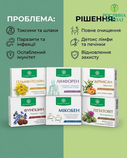 Програма комплексного очищення організму - Мікобен, Фунгіцин, Лімфорен, Гельмінтозин, Гепатовіт, Дермісан Рослина Карпат 485500 485500111 фото