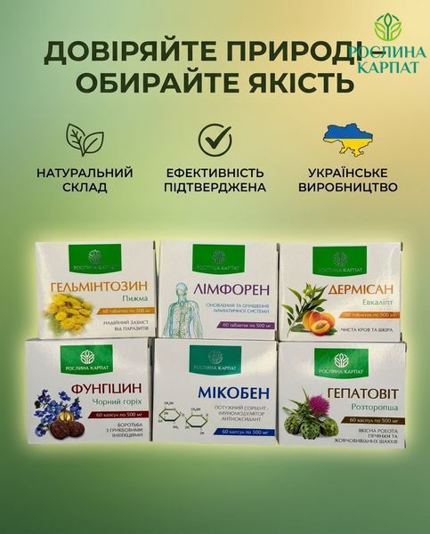 Програма комплексного очищення організму - Мікобен, Фунгіцин, Лімфорен, Гельмінтозин, Гепатовіт, Дермісан Рослина Карпат 485500 485500111 фото