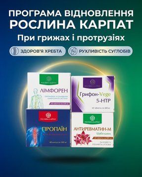 Програма відновлення при грижах і протрузіях - Пропаїн 2уп., Лімфорен 2уп., Антиревматин 3уп., Грифон 1уп. Рослина Карпат 546634 546634 фото