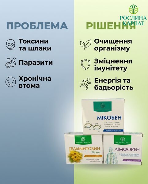 Програма очищення організму - Мікобен, Гельмінтозин, Лімфорен Рослина Карпат 485489 485489111 фото