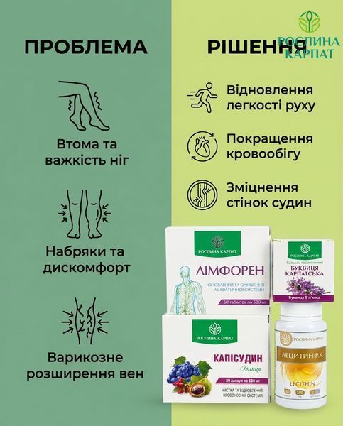 Програма для здоров&rsquo;я вен - Буквиця, Лімфорен, Капісудин, Лецитин 2уп. Рослина Карпат 546640 546640 фото