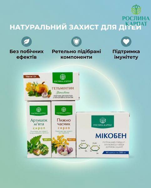 Комплексна антипаразитарна програма для дітей &ndash; Мікобен, Сироп Пижмо, Гельмінтин, Сироп Артишок Рослина Карпат 484774 484774111 фото