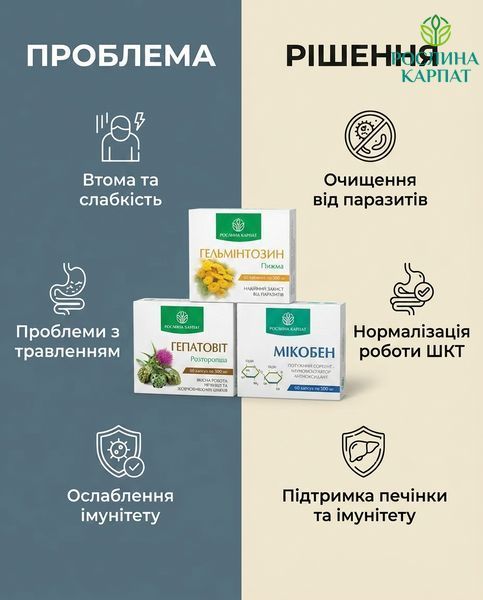 Комплексна антипаразитарна програма для підлітків &ndash; Мікобен, Гельмінтозин, Гепатовіт Рослина Карпат 484773 484773111 фото